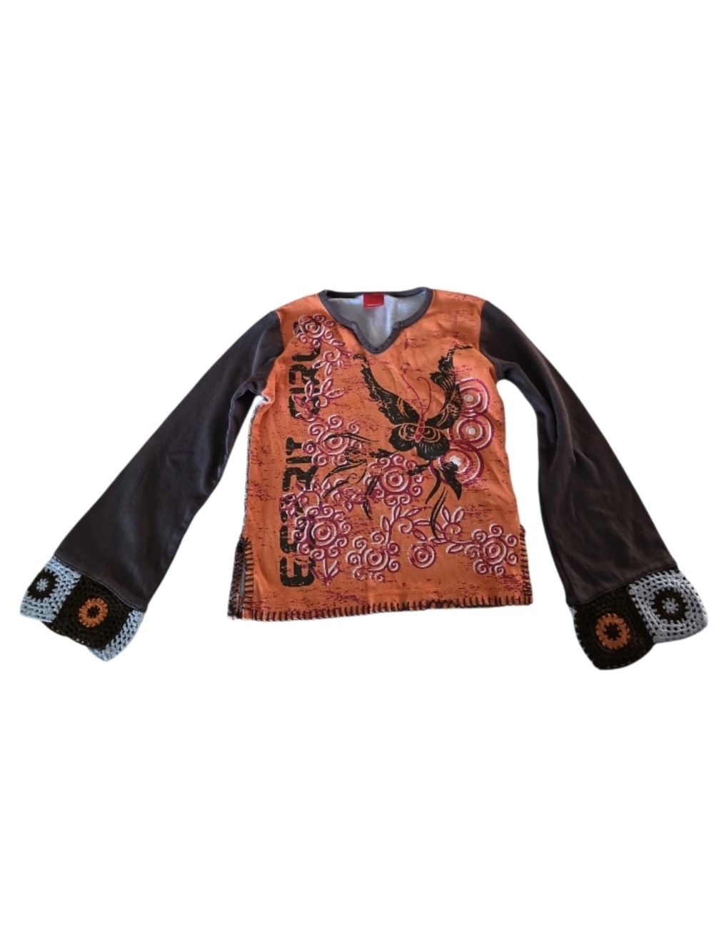Esprit Y2K Vintage Kids XS Girls Boho Patchwork Long Sleeve Crochet Trim Top
